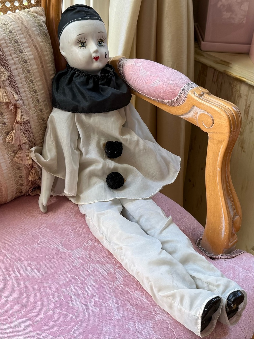 Vintage Pierrot sad Clown Cloth Doll 22 in, hand painted porcelain face,